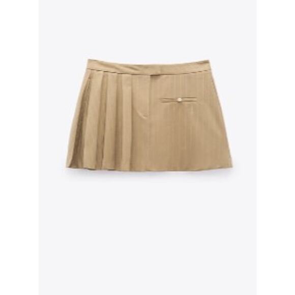 Zara Tan Brown Pinstriped Box Pleated Mini Skirt with Pocket Size XL - Picture 3 of 12